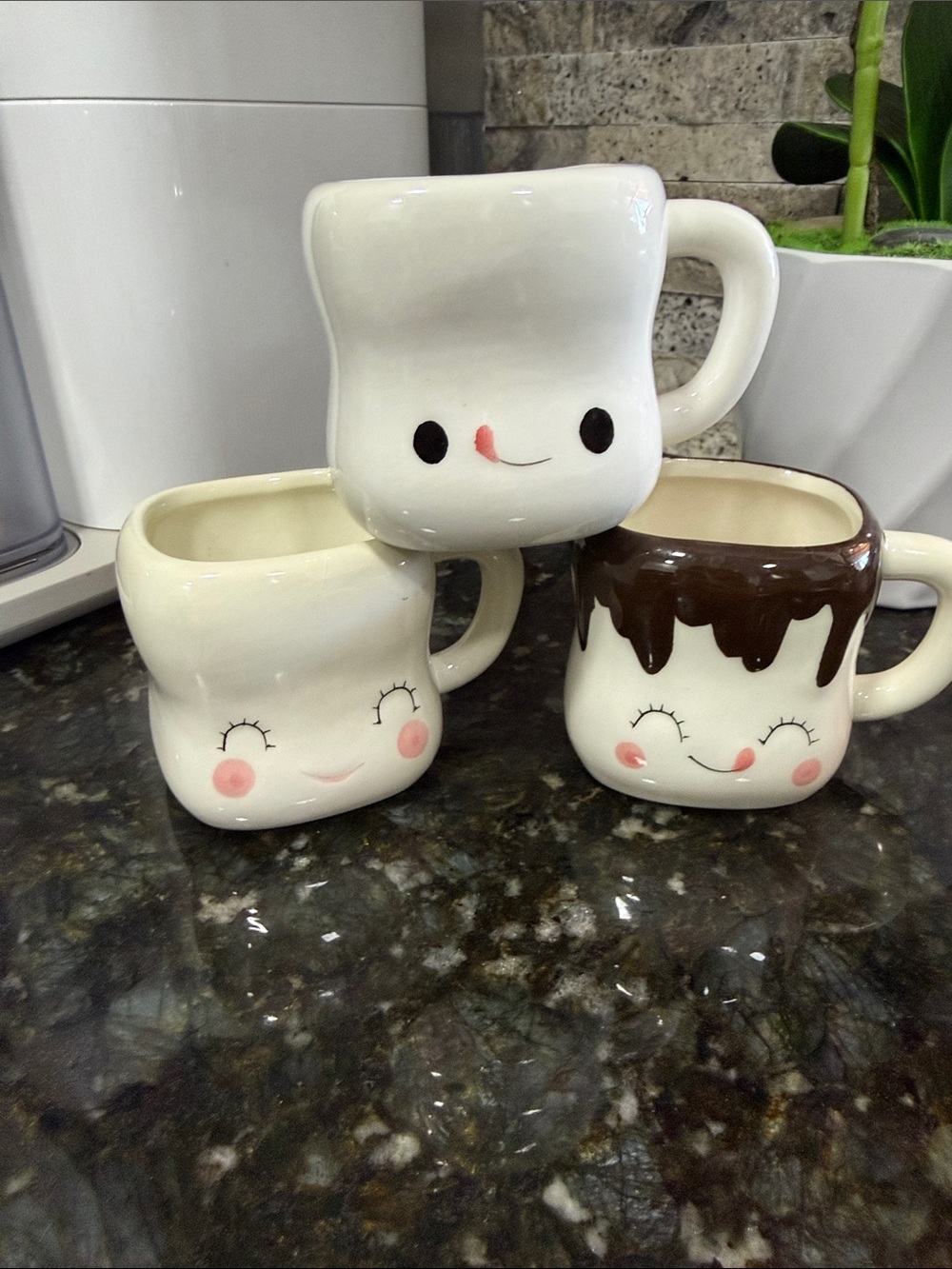 Whimsical Ceramic Face Mugs - White with Pink Cheeks (Set of 3)